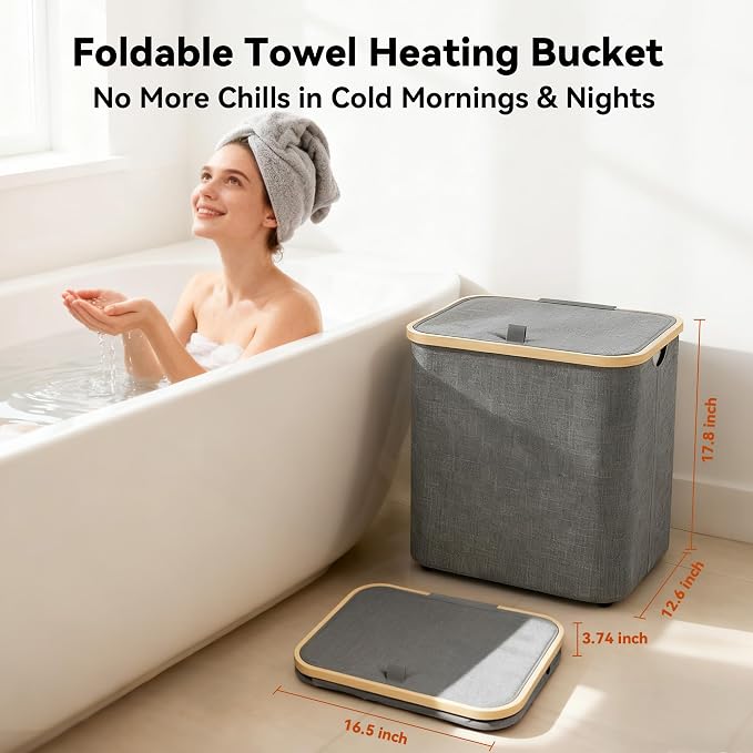 35L Large Towel Warmer/46L Laundry Basket, 2-in-1 Innovative Design, Foldable - Image 3
