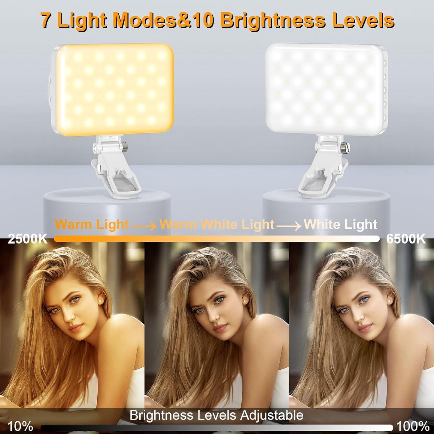 Selfie Light, LED Camera Light Video Lights 60 LED 2200mAh Rechargeable Phone Light 7 Modes, 10-Level Brightness, Portable Clip on Light for Phone/Tablet/Laptop White
