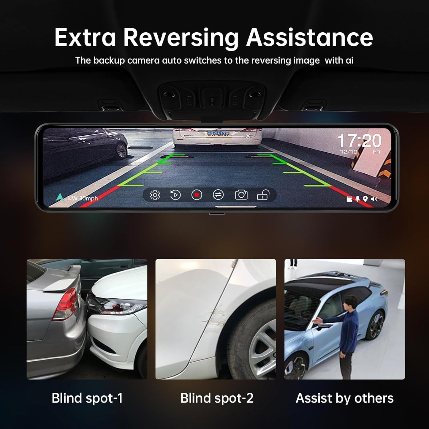 12" 4K UHD Mirror Dash Cam Front and Rear with Zoom Backup Camera, 2160P Dual Rear View Mirror Camera for Cars & Trucks, 64GB Card Included, GPS, WDR, Super Night Vision, Parking Assist & G-Sensor