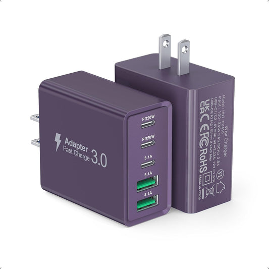 [2Pack] 50W USB C Plug,5-Port Fast Charger Block PD+QC Cube Wall Charging Box Brick for iPhone 16/15/14/13 for Samsung Galaxy S24/S23/S22/S21+/S21 Ultra, Magsafe Wireless Charger,(Purple)