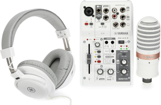 Yamaha AG03MK2 White Live Streaming Kit with mixer/USB interface, condenser microphone, headphones and mic cable