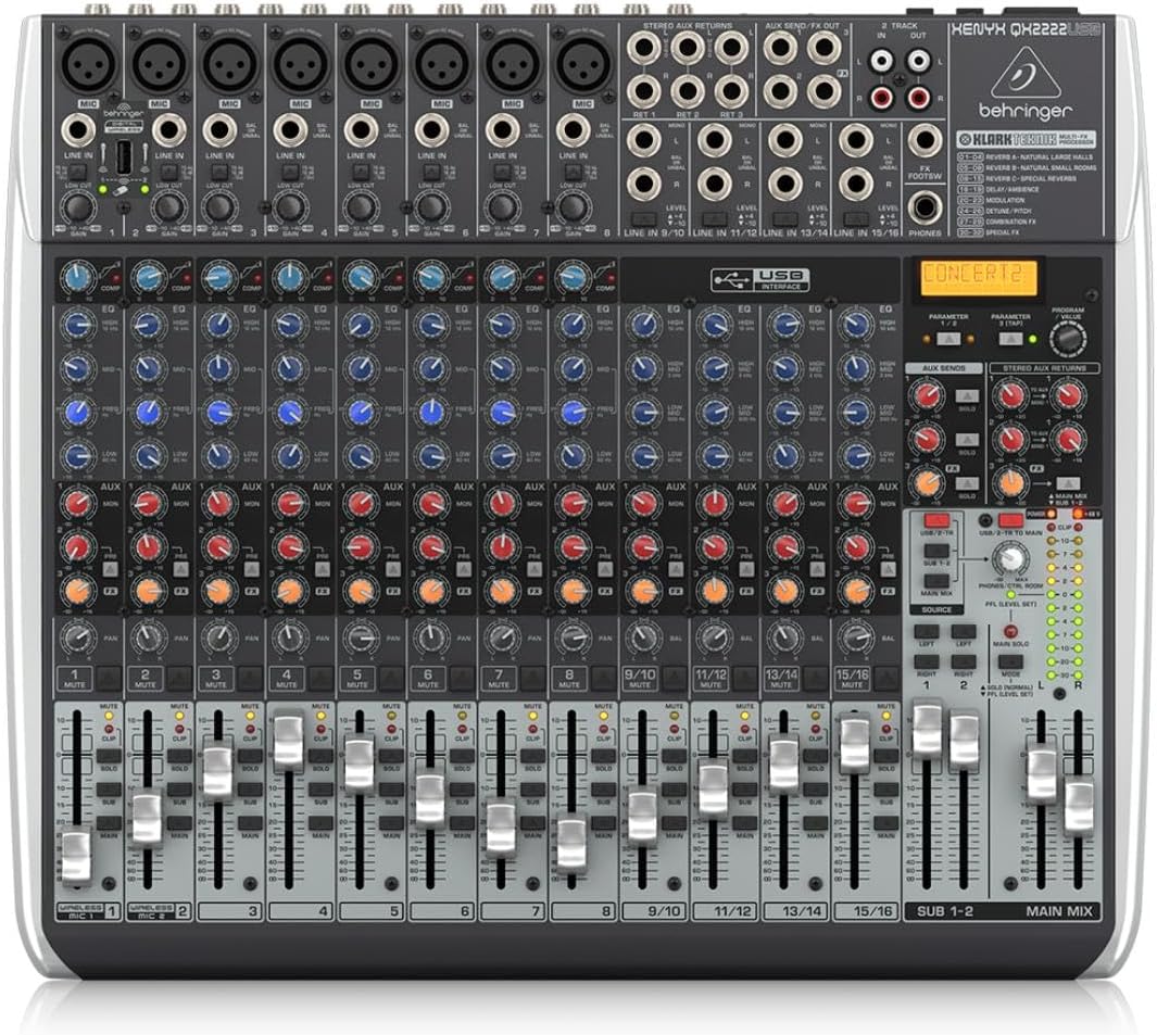 Behringer Xenyx QX2222USB Premium 22-Input 2/2-Bus Mixer with Xenyx Mic Preamps and Compressors, KLARK TEKNIK Multi-FX Processor, Wireless Option