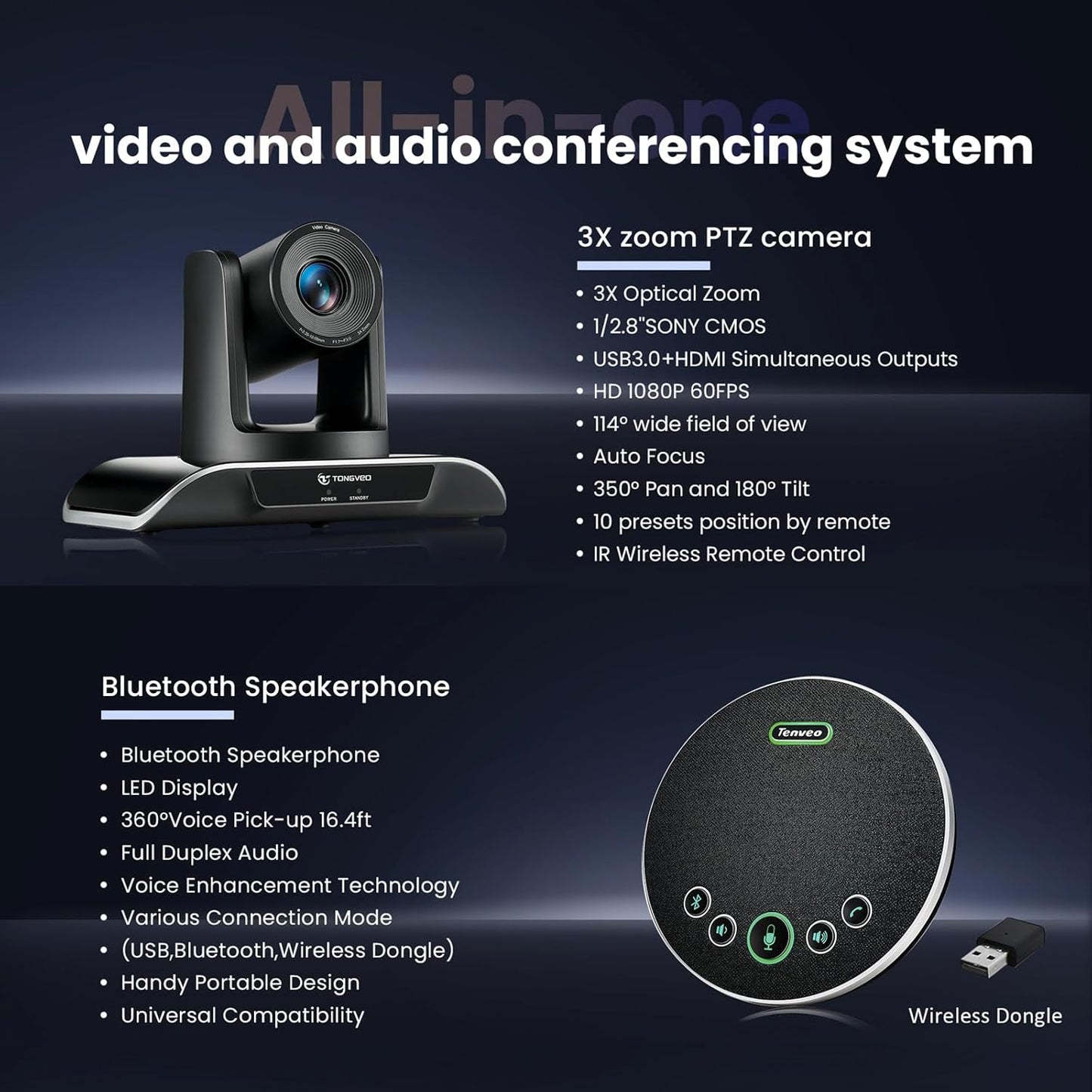 TONGVEO All-in-One Conference Room Video Camera System Bundle HD 1080P 60fps 3X Optical Zoom USB3.0 HDMI PTZ Camera and Bluetooth Conference Speakerphone with Microphones