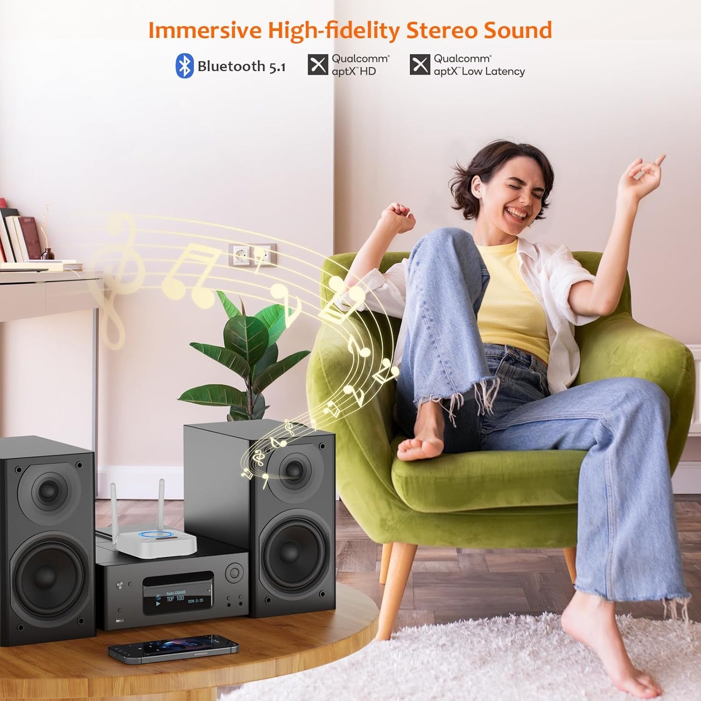 [Upgraded] 1Mii Bluetooth 5.1 Receiver, Long Range HiFi Bluetooth Audio Adapter w/ 3D Surround aptX HD Low Latency, Optical RCA AUX 3.5mm Coaxial for Home Stereo System - B06Pro Grey