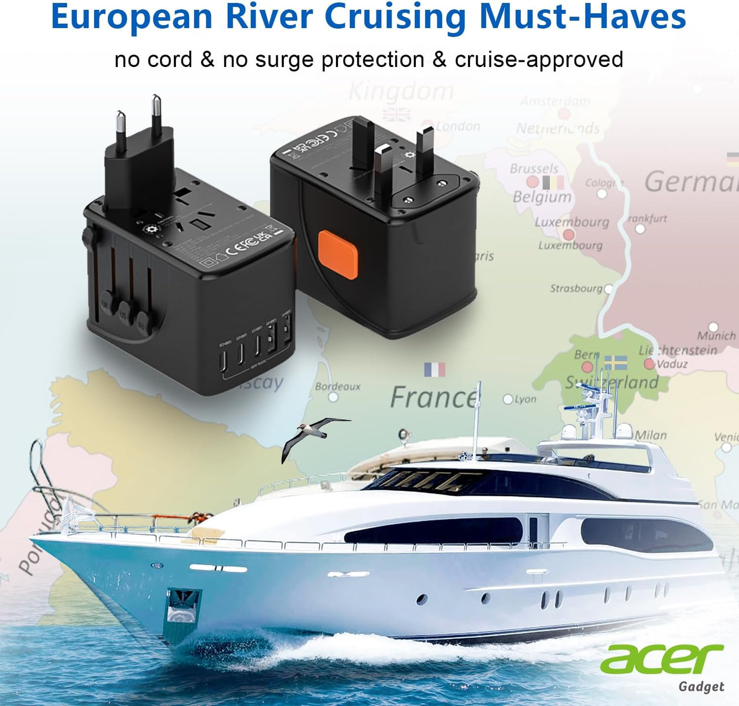 Acer Universal Travel Plug Adapter - International Power Adapter with 5 USB Ports (3 USB C) 5.8A, Worldwide Outlet Charger for USA to European UK France Germany Spain, Type C/E/F/G/I/L/A, Black