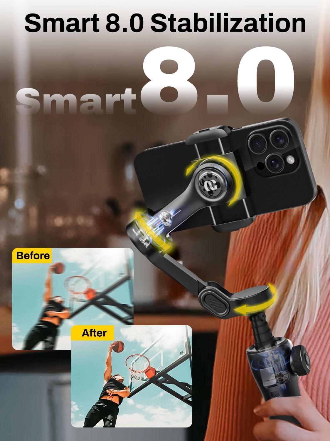 3-Axis Gimbal Stabilizer for iPhone, Smartphone Gimbal w/7.8" Extension Rod, OLED Display, Phone Stabilizer w/Face Tracking, Gesture Control, Video Record for iPhone & Android - Smart V8 Black