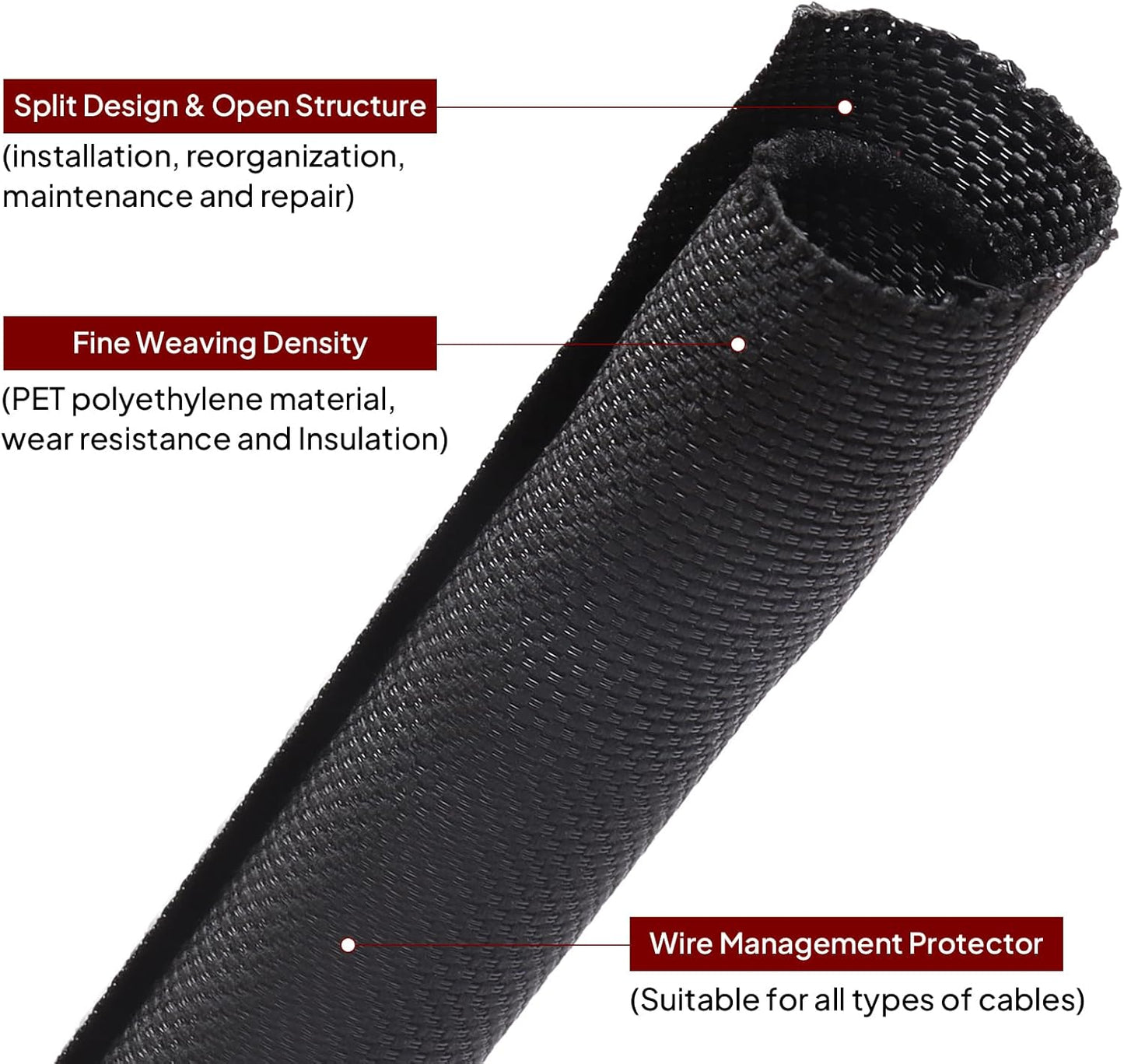 Black Braided Cable Management Sleeves Wire Loom Tubing Cord Protector Self-Wrapping (1/2"-30Feet)