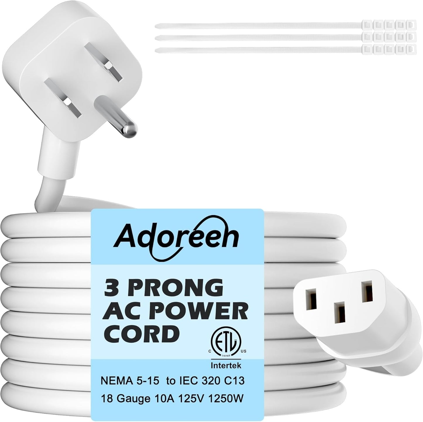 Adoreen 2 Ft Computer TV Replacement Power Cord White, Low Profile Flat Plug 18AWG 3-Prong AC Universal Power Supply Cable NEMA 5-15P to IEC 320 C13 for Printer, PC, Monitor TV LCD, ETL+Ties