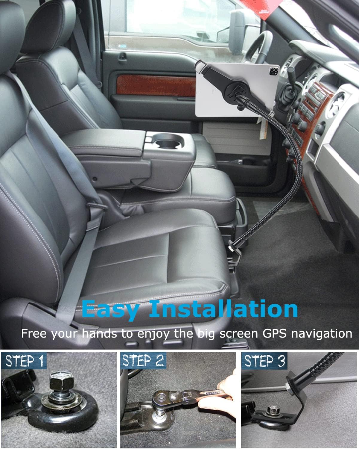 Gooseneck Car/Truck Seat Rail Tablet Holder Mount for 9.5"-14.5" iPad, Heavy Duty Car Floor Bolt Tablet Mount for iPad Pro 11, 12.9/Air, Galaxy Tabs, Surface Pro/Go, Tablets, Other 13" Devices