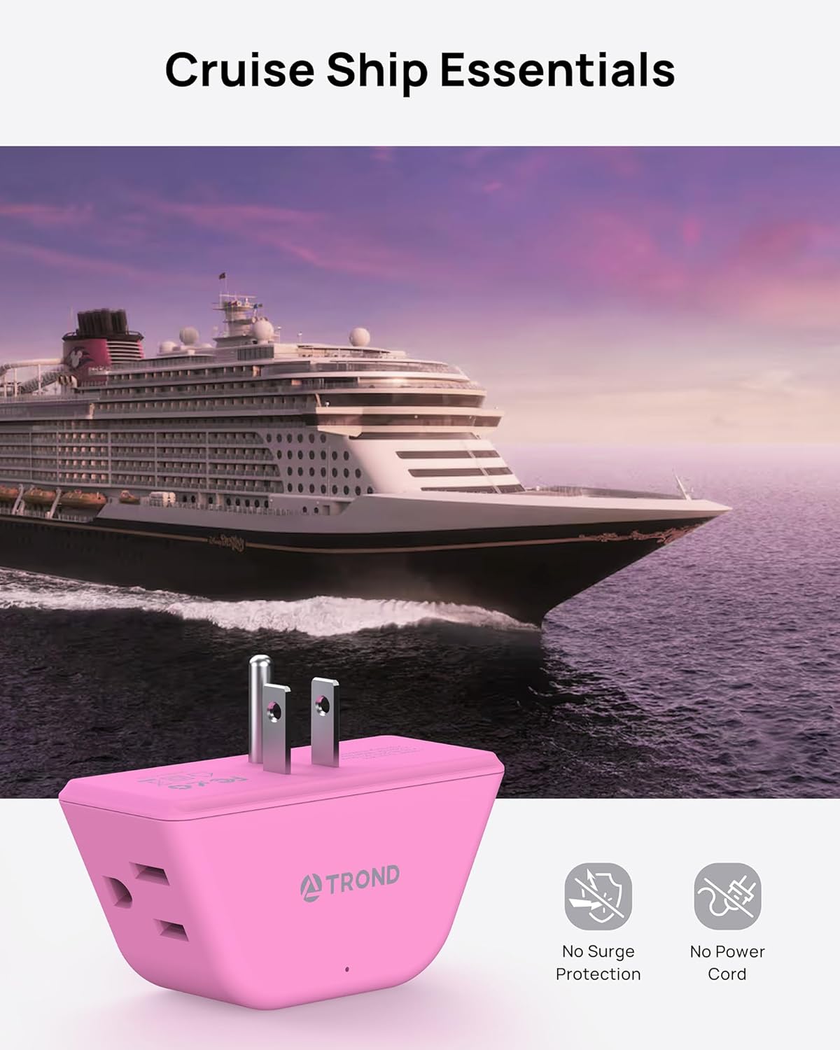 TROND Pink Outlet Extender - Multi Plug Outlet with 3-Prong Grounded Sockets, 3 Way Angled Plug Splitter, Compact and Practical Multiple Wall Expander for Home Travel Cruise Dorm Essentials