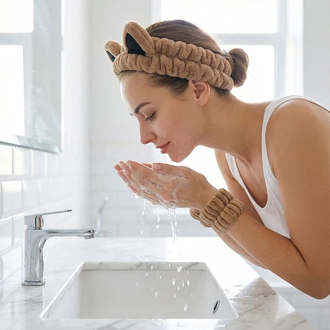Cat Ears Headband, Cute Spa Headband and Wristband Set Washing Face Skincare - Image 2