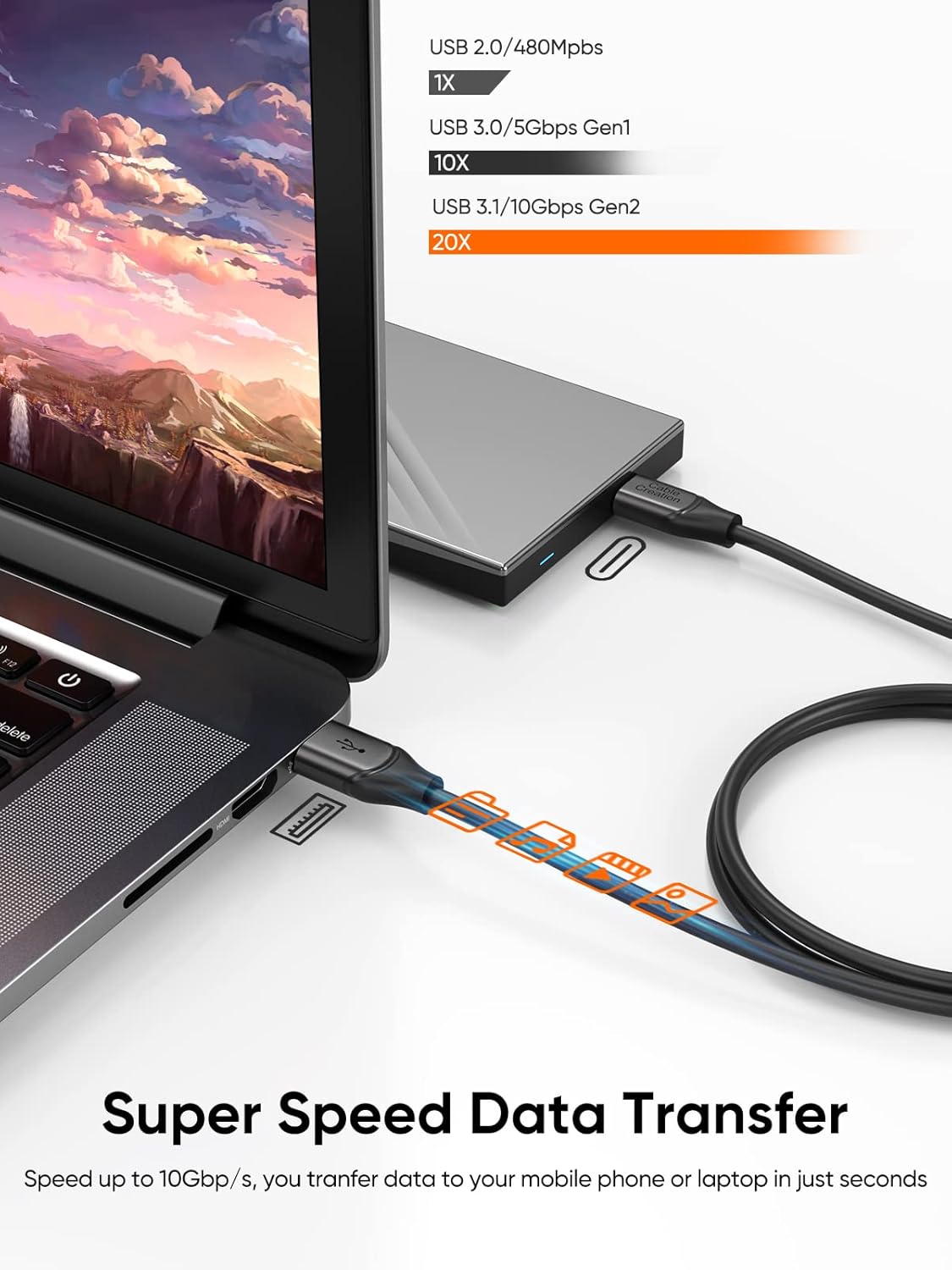 CableCreation USB C to USB A Cable 1FT 2Pack, USB-C to USB 3.1 USB 3.2 Gen2 10Gbps USB-A to C Data Cable, Android Auto Cord 3A for Type C External SSD MacBook Pro iPad S21, iPhone 15/16 Pro Max