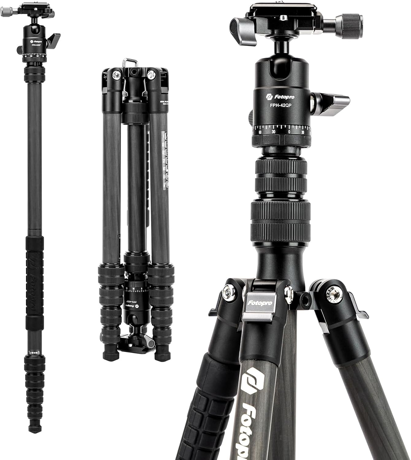 Fotopro 59" Carbon Fiber Travel Tripod, Lightweight Compact Camera Tripod with Ball Head Quick Release Plate, Compact Detachable Monopod with Carry Bag, Load up to 8KG/17.63lbs