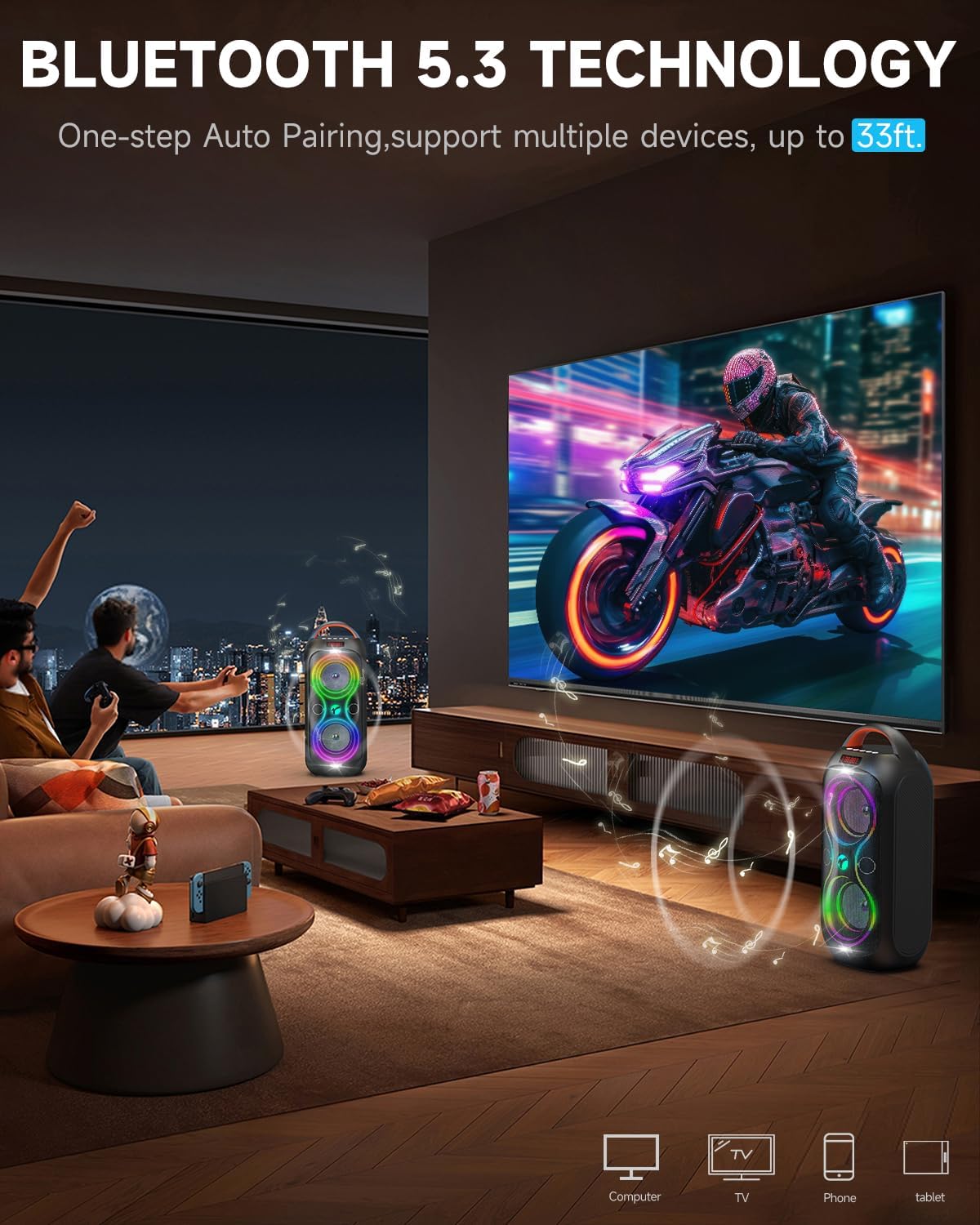 Wireless TWS Portable Bluetooth Speaker, Beat-Driven Lights, 120dB Loud Stereo Party Speaker with Bluetooth 5.3, USB/TF/AUX/FM/Mic, Built-in Carry Handle, Powerful Sound for Home,Outdoor,Party,Camping