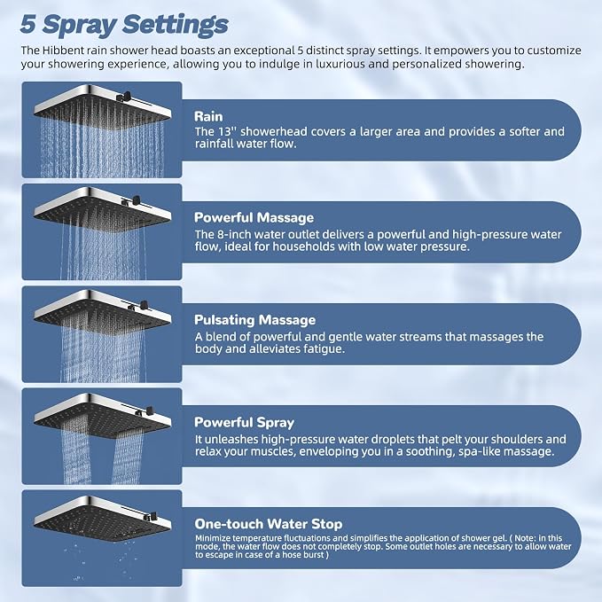 Hibbent 5-spray Filtered Rainfall Shower Head Combo, High Pressure 13'' - Image 2
