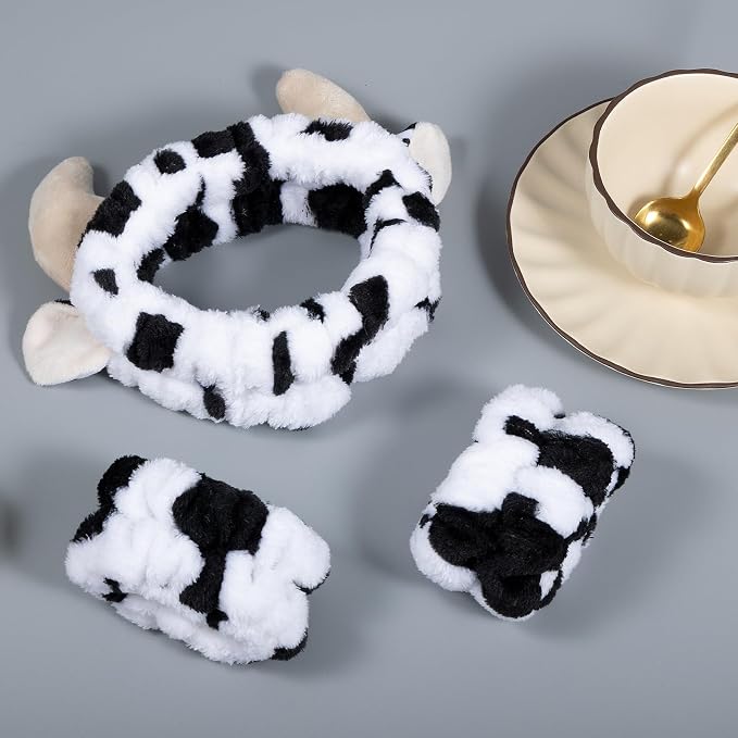 Plush Wash Face Headband Cow Print Spa Wrist Band Cuffs Hair Scrunchy Women - Image 7