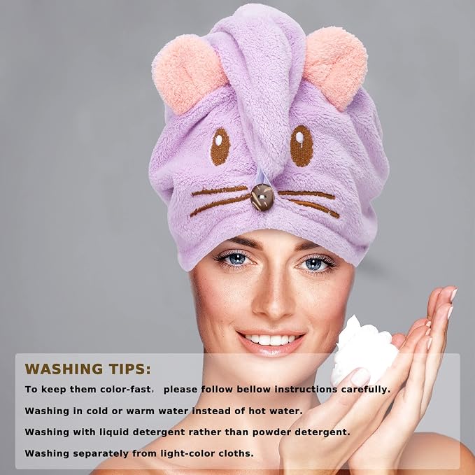 Whaline 2 Pack Parent-Child Quick Dry Hair Towel Cute Mouse Hair Towel Wrap - Image 5