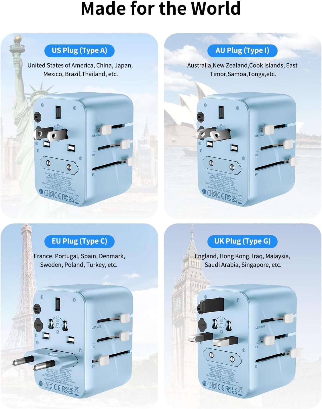 MOMAX Universal Travel Adapter, 20W+18W International Plug Adapter with 2 USB-A Quick Charging & 1 USB C PD Fast Charging, 1 AC, All-in-One Wall Charger for USA EU UK AUS JP(Type C/A/G/I)