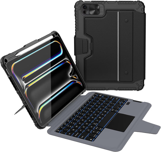 Nillkin iPad Pro 11 inch (M4, 2024) Case with Detachable Keyboard, Magic Trackpad, 7 Colors Backlit, Portrait/Landscape Modes, Rugged Keyboard Case with Camera Cover for iPad Pro 11” 5th Gen, Black