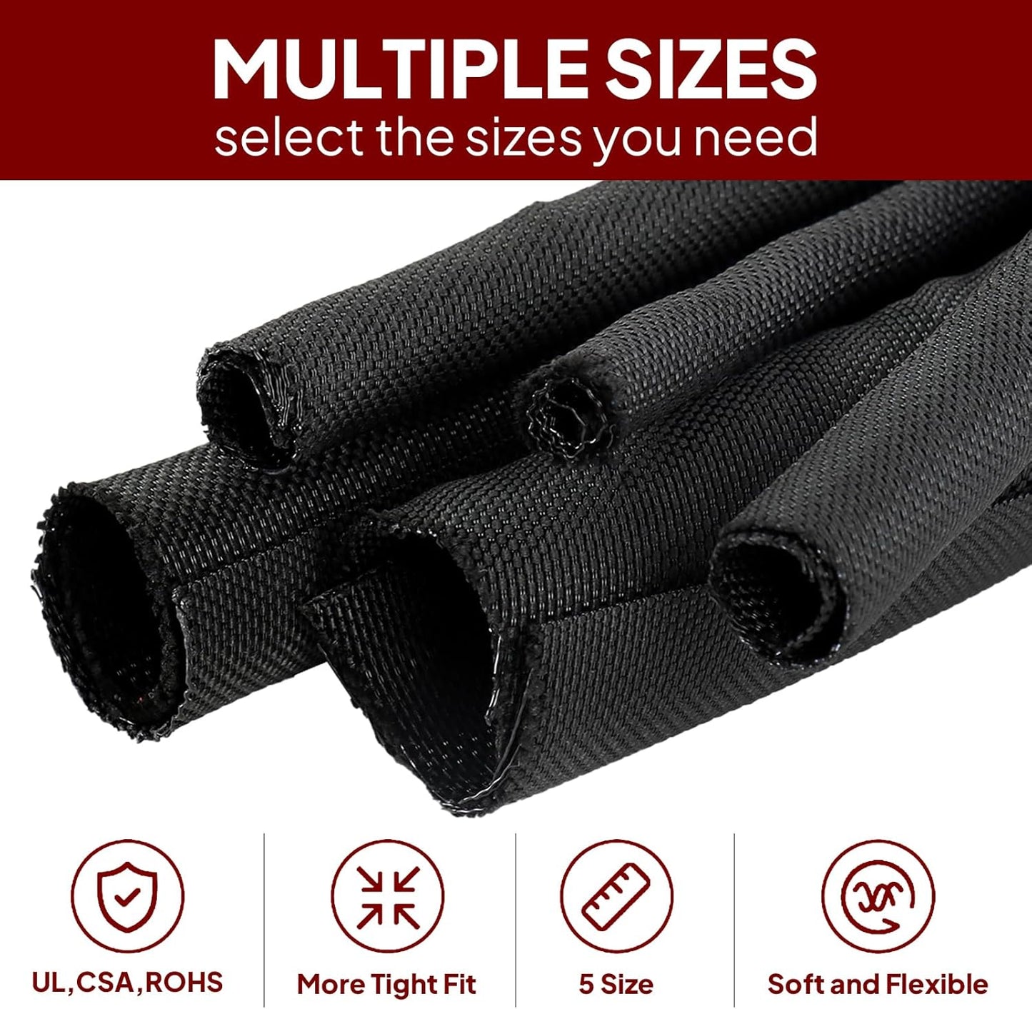Black Braided Cable Management Sleeves Wire Loom Tubing Cord Protector Self-Wrapping (1/2"-20Feet)