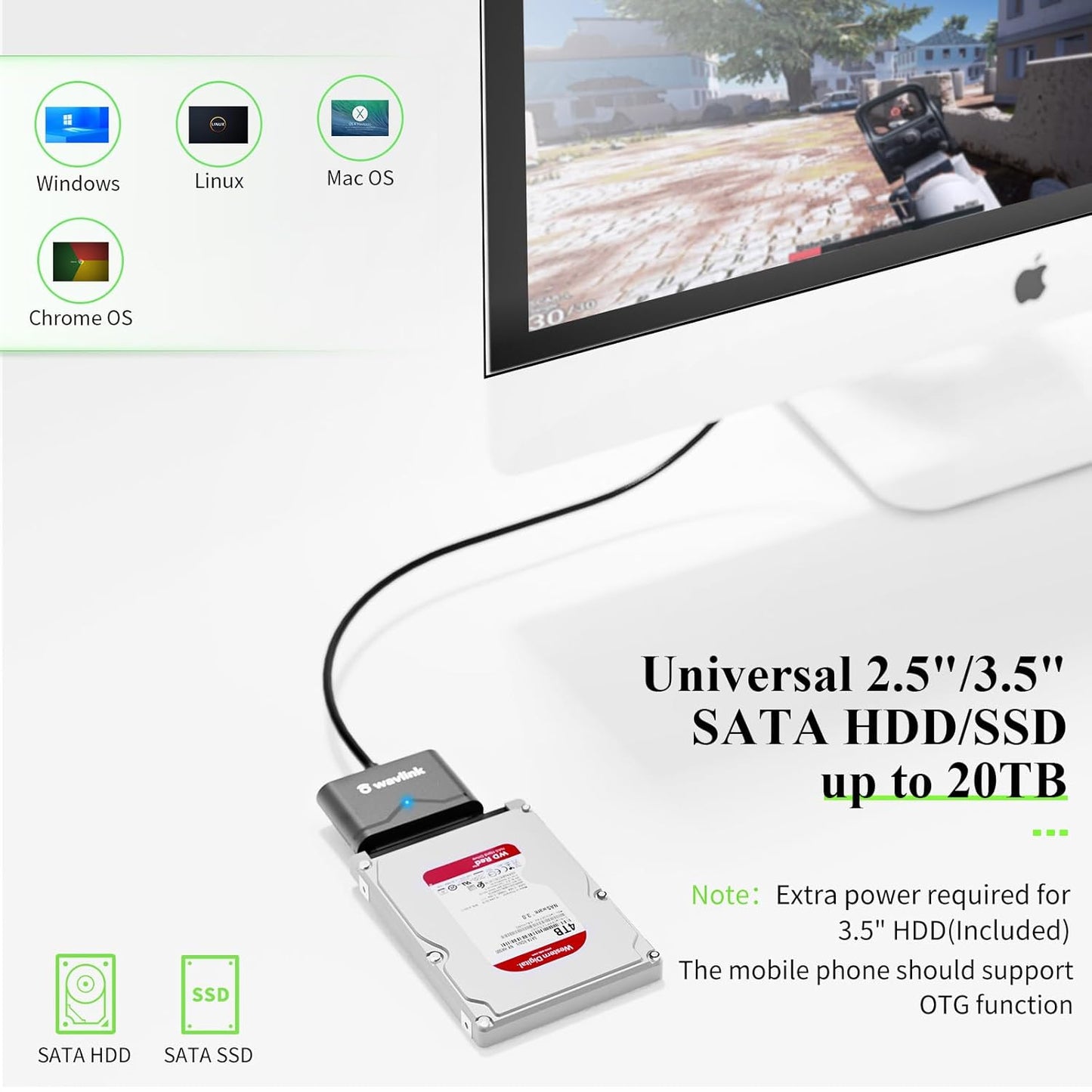 WAVLINK SATA to USB Type-A Hard Drive Cable, 5Gbps USB3.0 to Sata Cable Support UASP, External Hard Drive SATA I/II/III Connector 2.5" SSD/HDD and 3.5" HDD up to 20TB