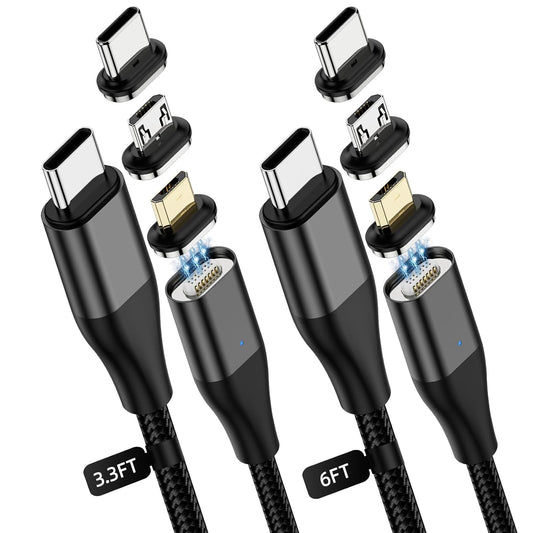 YKZ 3 in 1 Magnetic USB C to C Cable, Magnet Charging Cable, [3.3FT+6.0FT] PD 60W Fast Charger Nylon Braided Cord Compatible with Type C and Android Devices (Black)