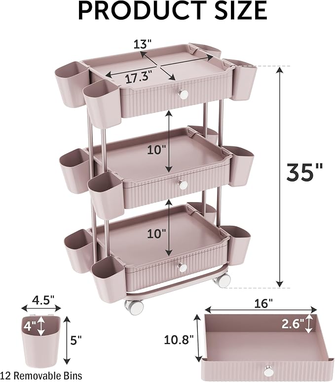 3 Tier Drawer Beauty Cart with 12 Movable Storage Organizer, Thickened ABS & - Image 2
