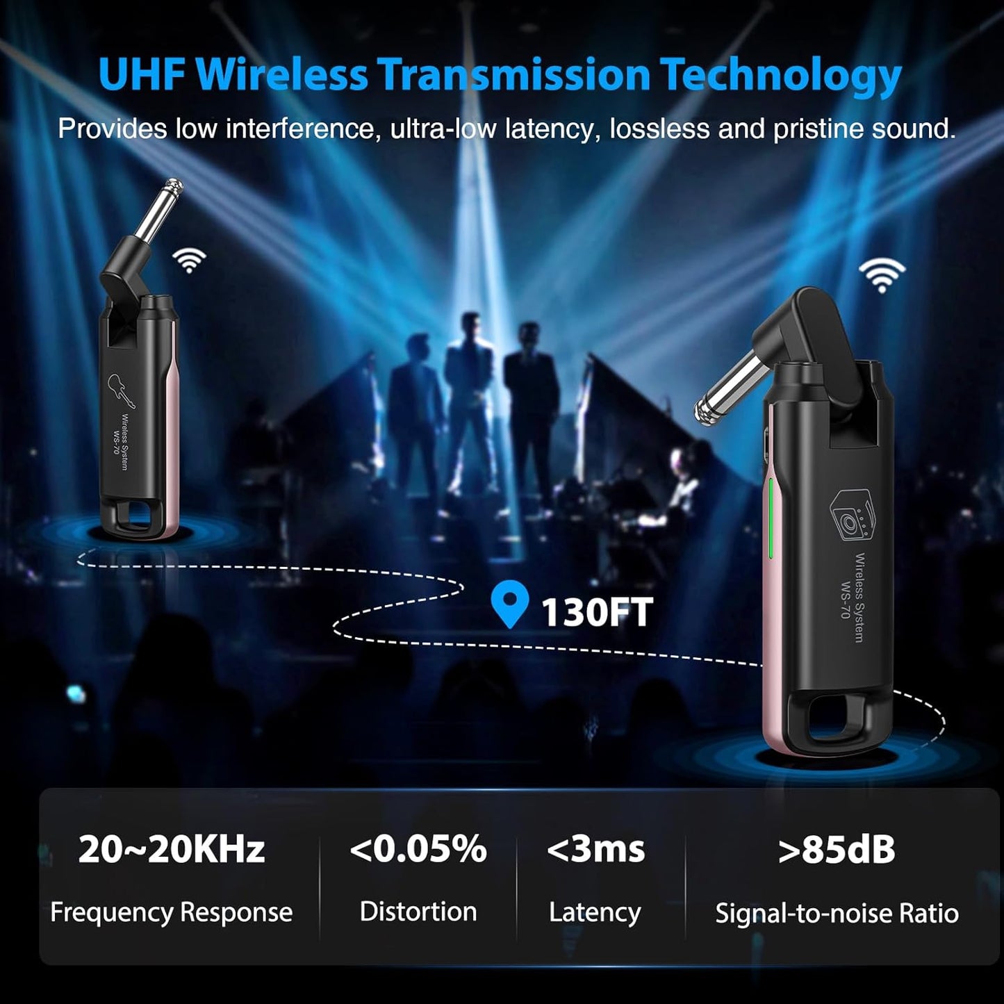 LEKATO Wireless Guitar System UHF Wireless Guitar Transmitter Receiver Rechargeable Audio Bass Cable with 70 Channels for Bass Electric Instruments(Pink)