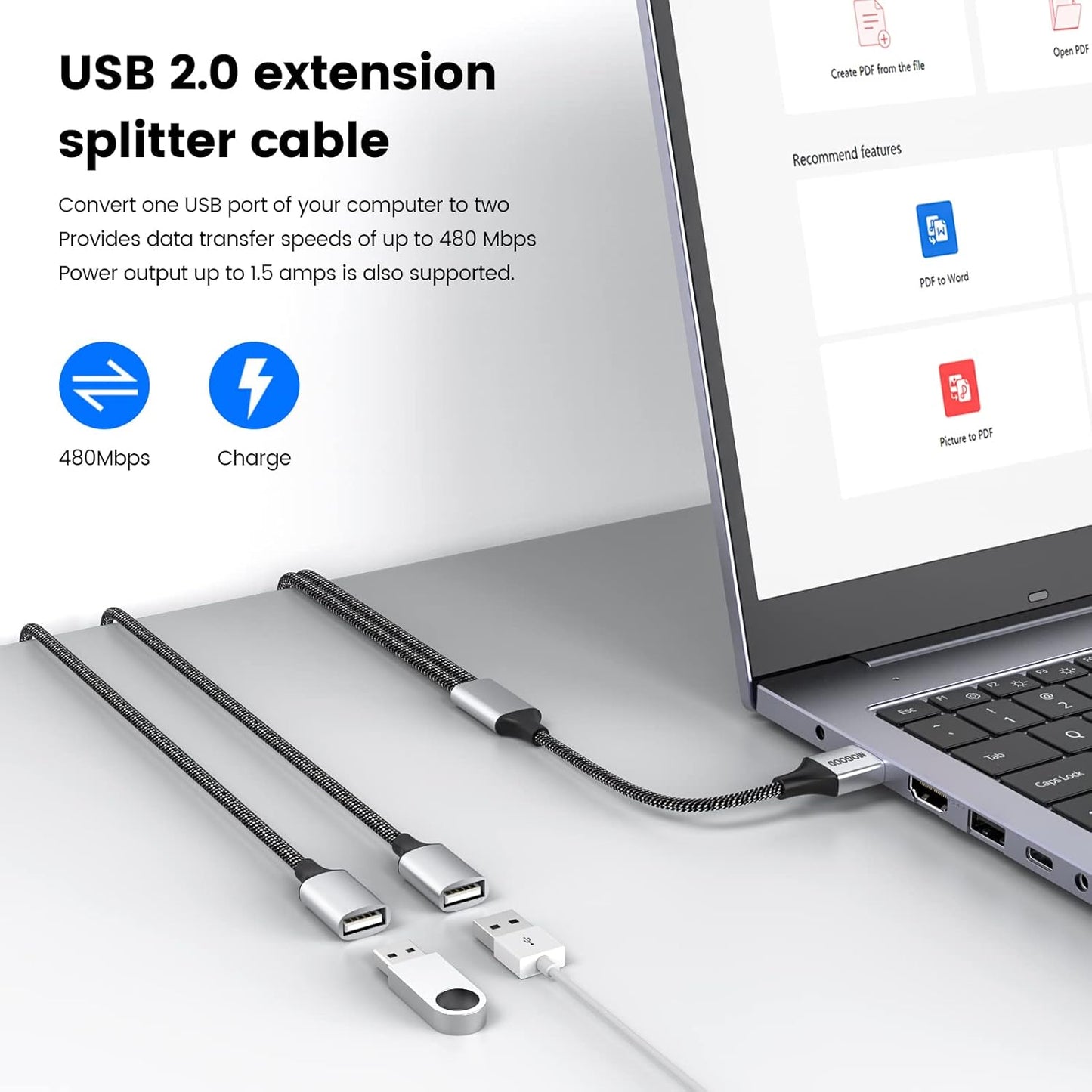 USB Extension Cable,USB A Male to 2 Female Extension Cord Durable USB Splitter Cable Nylon Braided Fast Data Transfer Compatible with Printer, USB Keyboard, Flash Drive, Hard Drive, PlayStation