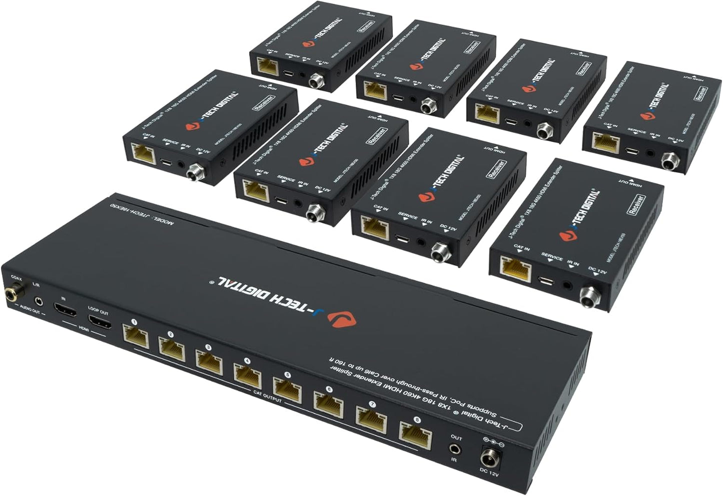 J-Tech Digital HDMI 2.0 4K Extender Splitter Over Single Cable CAT6 with PoC Up to 196 FT 1-in 8-Out w/Local Loop Output & Low Latency [JTECH-18EX50]