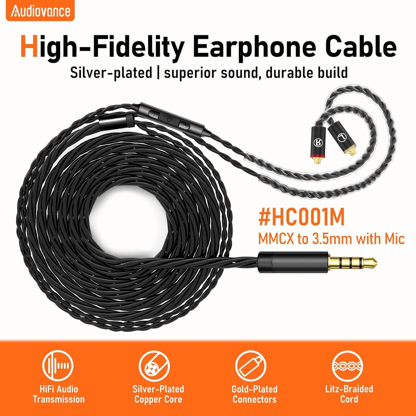 Premium HiFi IEM Cable with Mic – Silver-Plated 3.5mm to MMCX Cord - Lossless Sound for Shure SE215/315/425/535/846 & Vibes 201/202 - Tangle-Free in-Ear Monitor Cables - Black (HC001M)