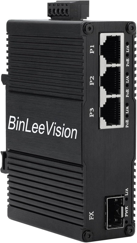 Industrial Mini Gigabit Ethernet Switch 3-Port RJ45 10/100/1000BASE-T+1-Port SFP Slot,Unmanaged Network Switch,Network Hub,Dinrail Mount or Wall-Mount,Plug & Play,Fanless (3 RJ45+1 SFP with PoE)