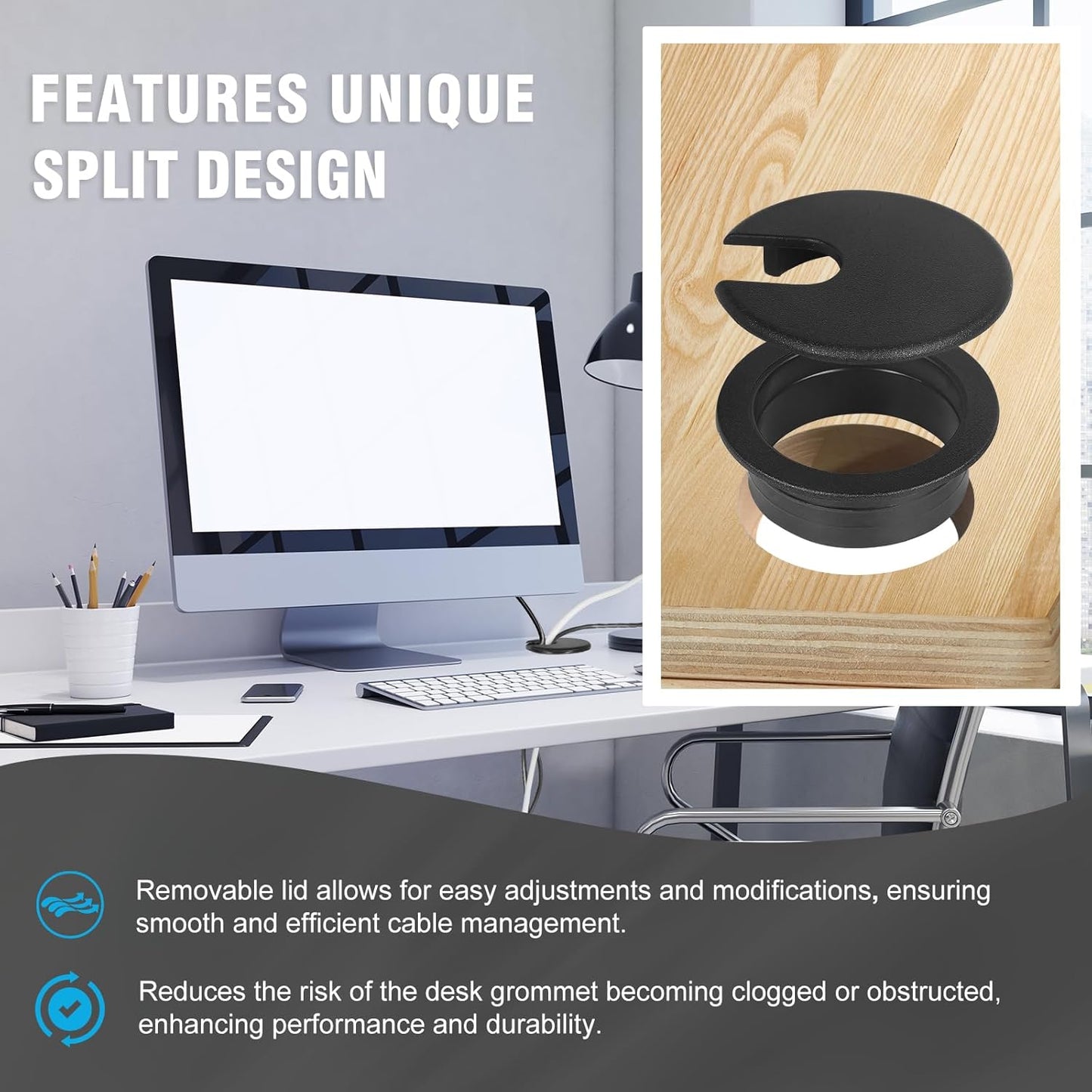 1-3/8" Black Desk Grommet, JTemgle Plastic Cable Hole Cover Computer Table Cord Wire Organizer Caps Desktop Cord Management for Home Office TV Stands Tabletops, 2 Pieces