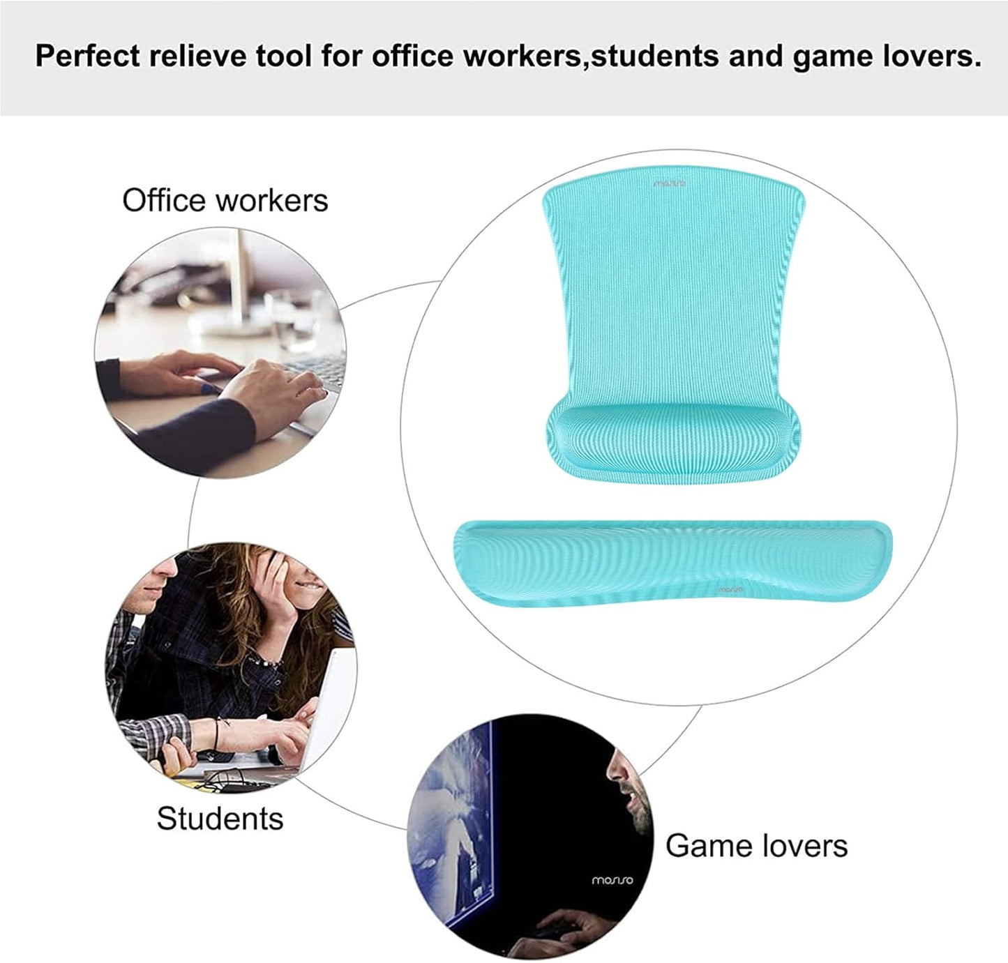 MOSISO Wrist Rest Support for Mouse Pad & Keyboard Set, Ergonomic Mousepad Non-Slip Base Home/Office Pain Relief & Easy Typing Cushion with Neoprene Cloth & Raised Memory Foam, Turquoise