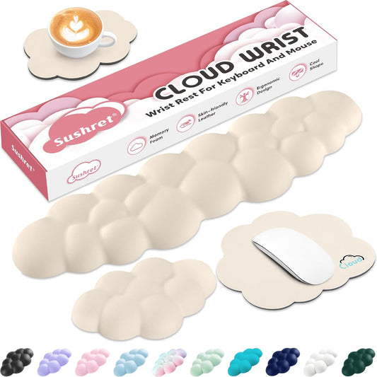 Cloud Wrist Rest for Computer Keyboard, 4-in-1 Memory Foam Leather Cloud Keyboard Wrist Rest and Mouse Pad Set with Ergonomic Support for Arm and Palm Cushion, Gaming/Work Setup, Beige