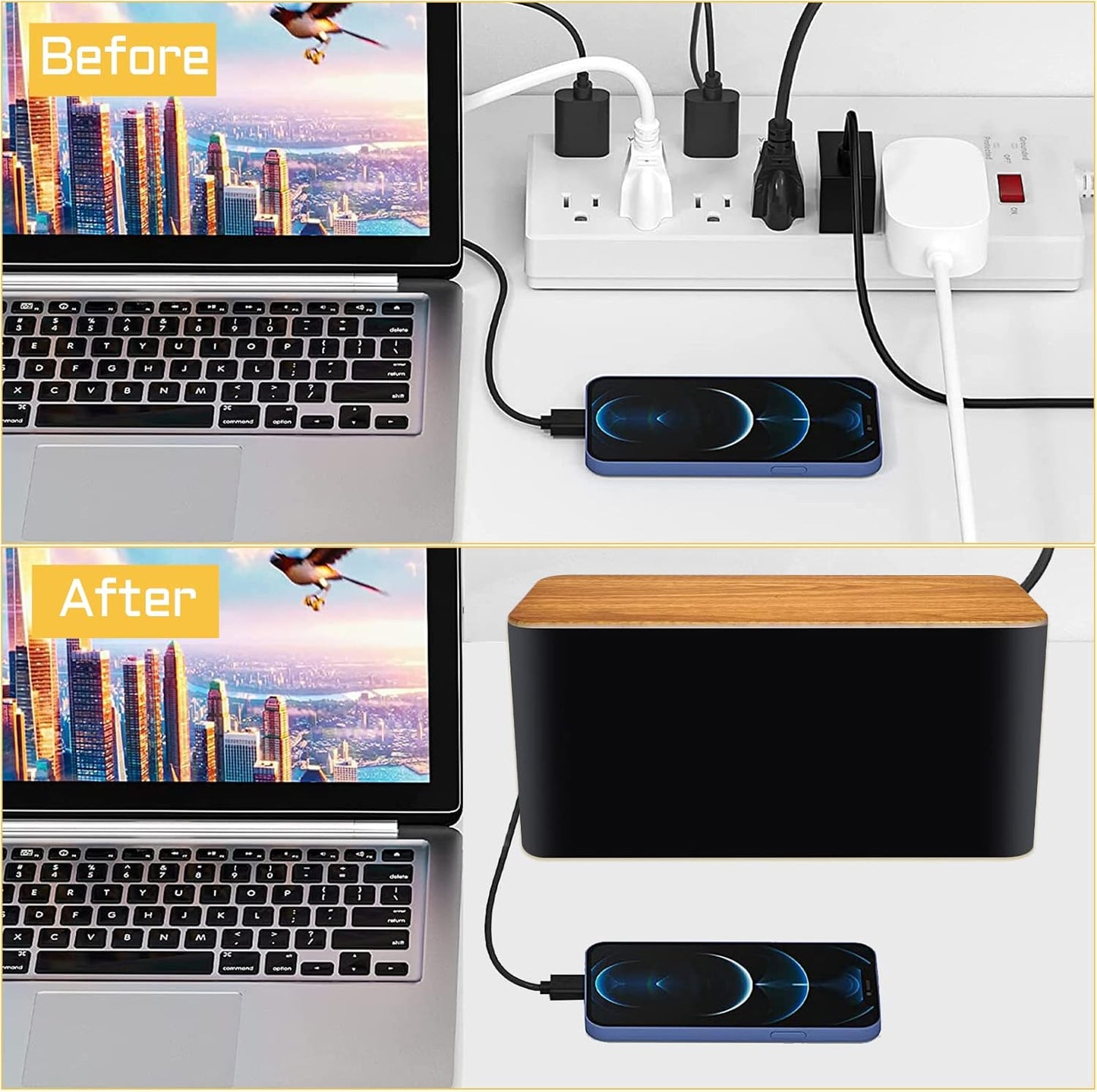 YUANYE Cable Management Box 2 Pack with 122 Cable Clips Set, Large Cord Organizer Box Hide Power Strip for Computer, Router, USB Hub and Under Desk Power Strip, Safe ABS Material Cord Management