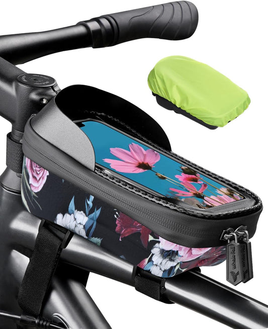 whale fall Hard Casing Floral Bike Bag, Never Deform/Waterproof, Bike Phone Mount with 0.25mm Sensitive TPU Touch-Screen, with Rain Cover for Phones under 6.9''