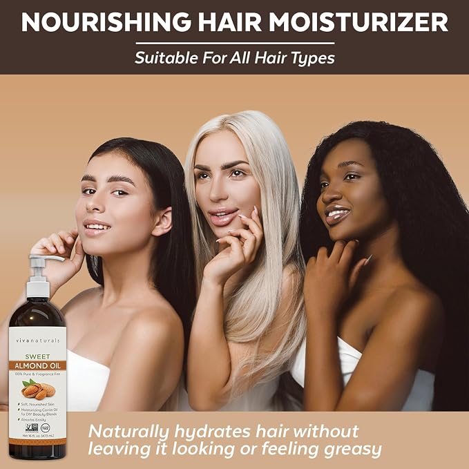 Viva Naturals Sweet Almond Oil, 16 fl. oz – Skin & Hair Moisturizer, Body & - Image 6