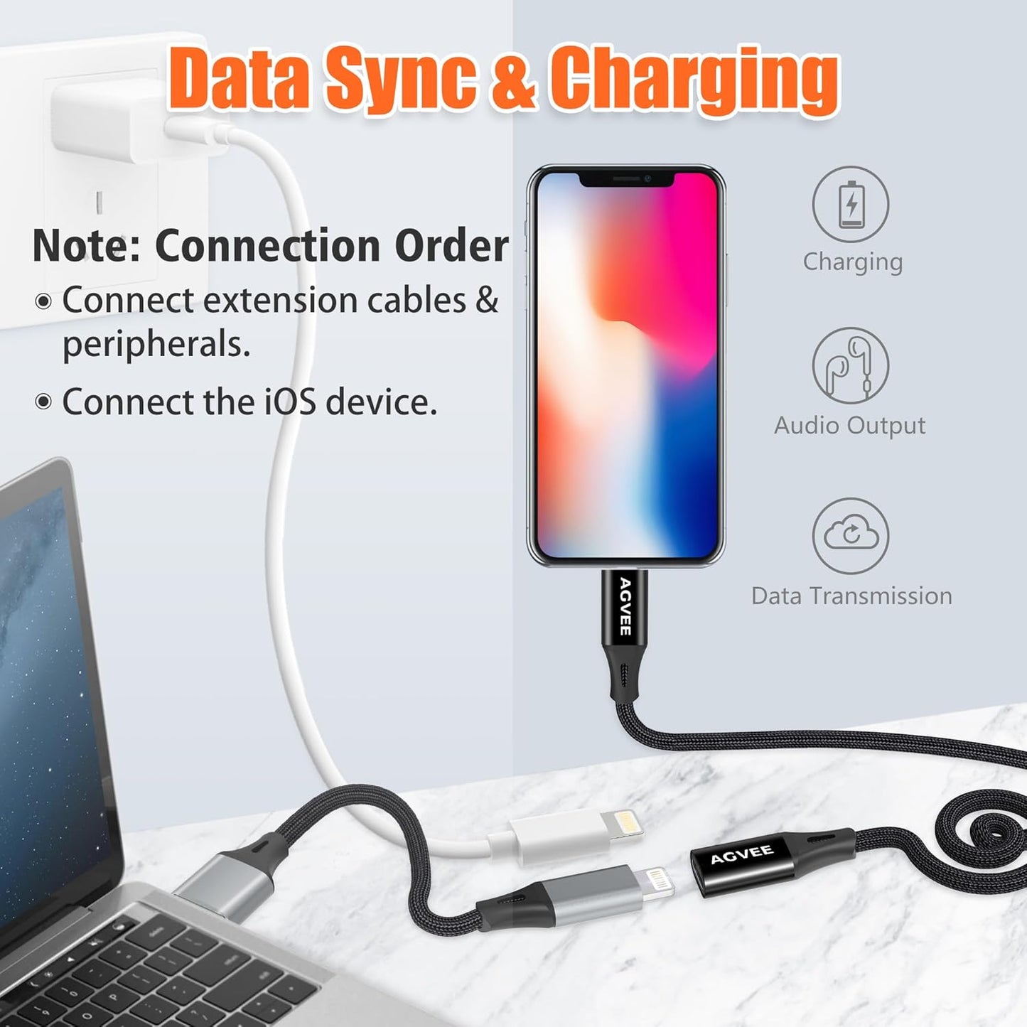 AGVEE 2 Pack 4 inch Lightning Extension Cable, Braided Female to Male Extender Full Function Cord Compatible with iPhone iPad, Data Sync Video Audio & Charging Connector Adapter, Black