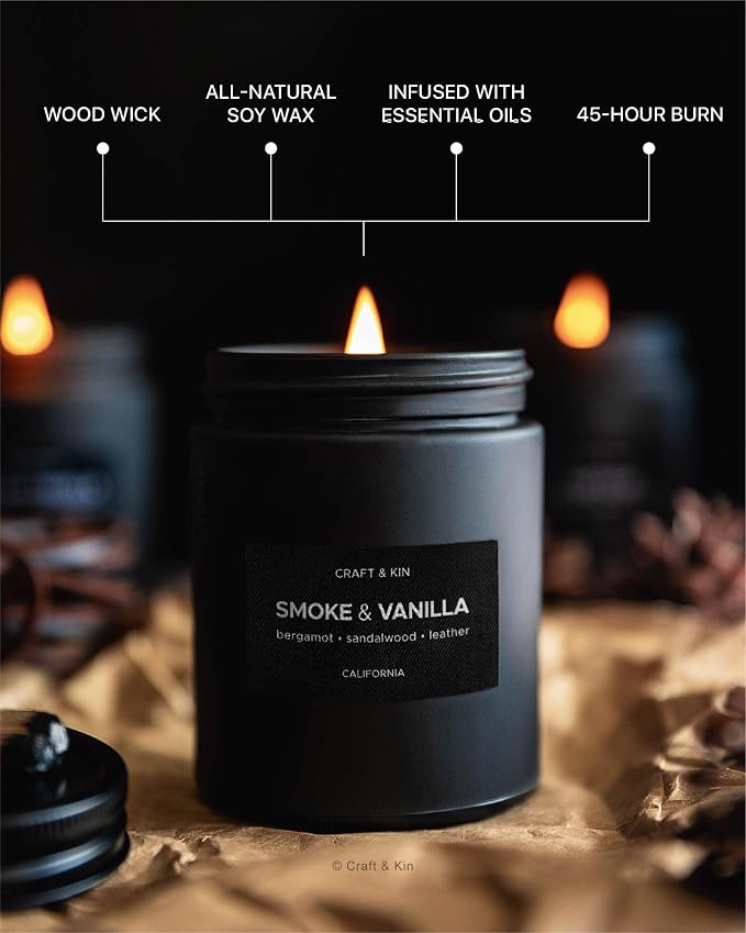 Craft & Kin Premium Smoke & Vanilla Candle | Black Scented Candles - Image 3