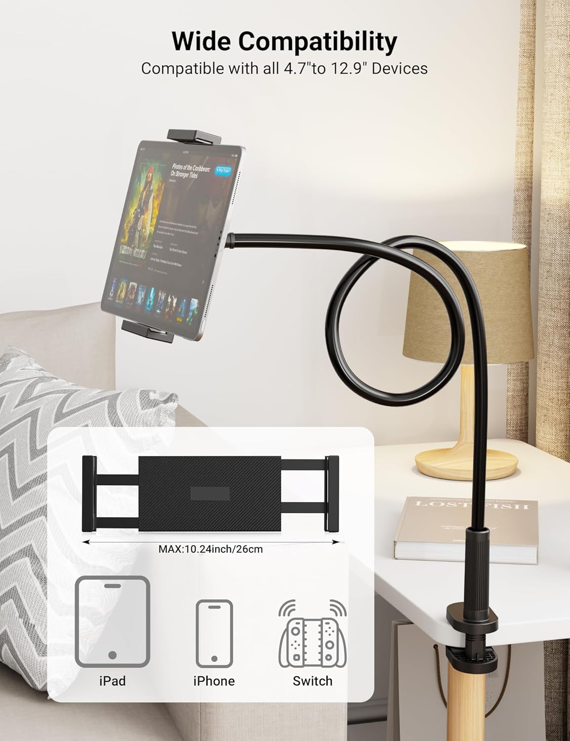 Flexible Gooseneck Tablet Holder, 360° Adjustable Phone Mount with Sturdy Clamp for Desk/Bed/Kitchen, Compatible with iPad Air Pro Mini iPhone/Samsung Galaxy Tabs/Nintendo Switch/4.7~12.9"