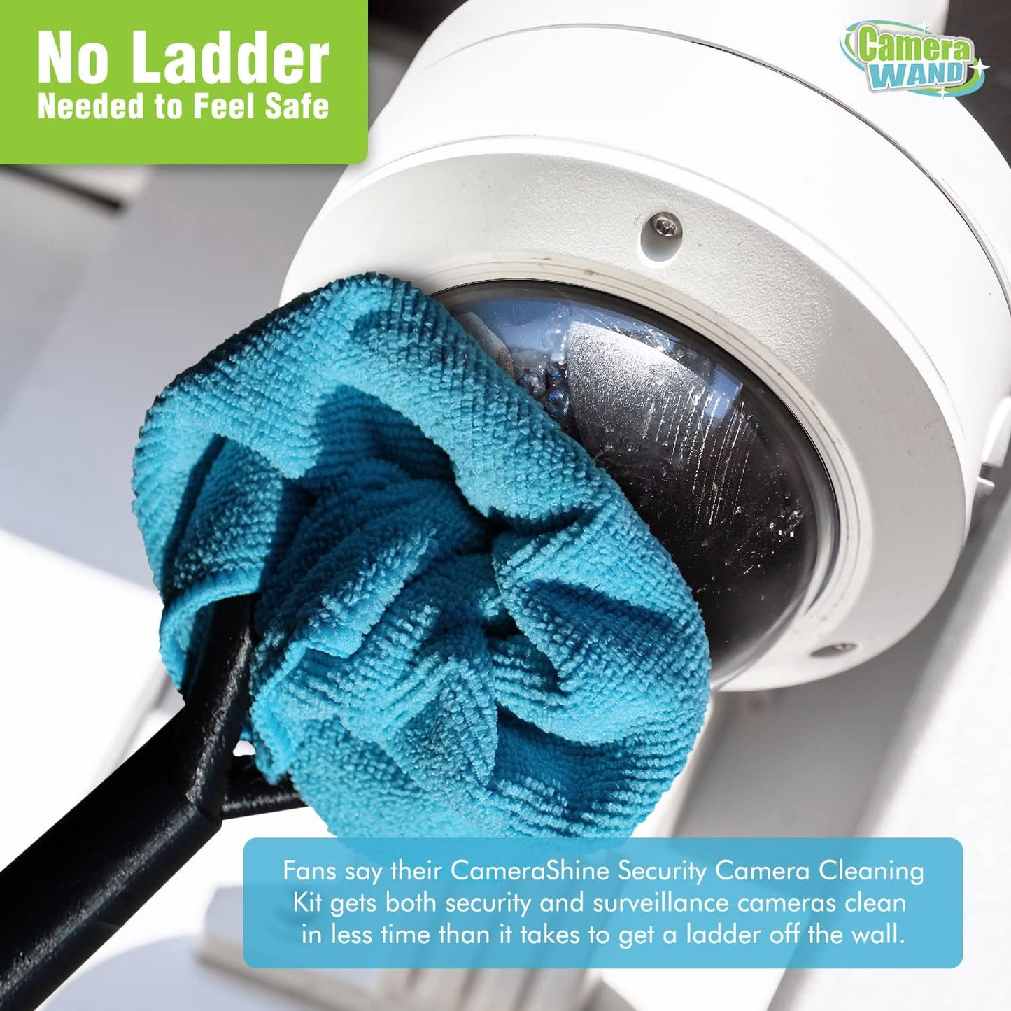 Surveillance/Security Camera Cleaning Tool - Safely from The Ground - with Cleaning Solution & Re-usable Microfiber Towels