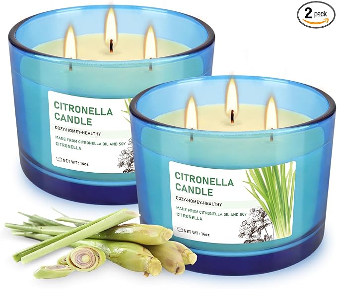 2x14oz Large 3-Wick Outdoor Indoor Citronella Candles, Long Lasting to 30 Hours by TLNFHRPI