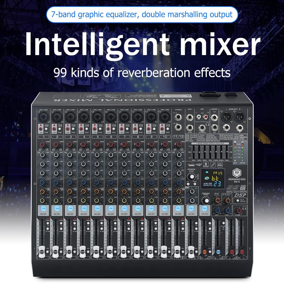W IN-MIX DX12 Professional DJ Audio Mixer 12 Channel with 99 DSP Effects,7-band EQ,Independent 48V Phantom Power&Mute Button,Bluetooth Function,USB Interface Recording For Studio & Stage