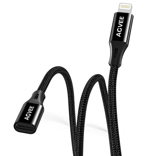 AGVEE 2 Pack 4 inch Lightning Extension Cable, Braided Female to Male Extender Full Function Cord Compatible with iPhone iPad, Data Sync Video Audio & Charging Connector Adapter, Black