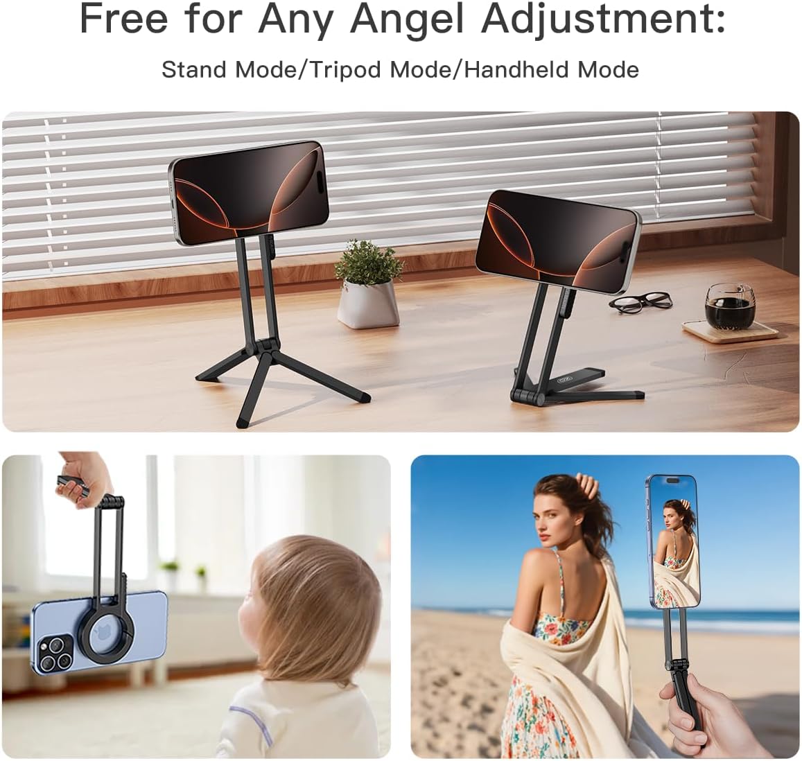 Magnetic Phone Tripod Stand for iPhone,Adjustable and Foldable Mini Pocket Tripod,Strong Magnet Selfie Stick Stand for iPhone 16/15/14/13/12 and Mag Safe Cases