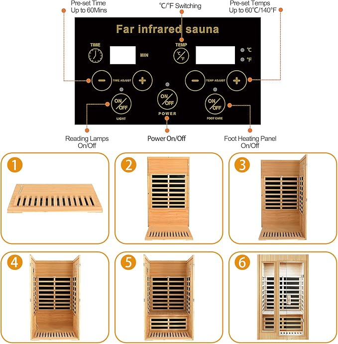 2 Person Sauna, Low EMF Far Infrared Sauna, 1500W Hemlock Wood Sauna Indoor - Image 7
