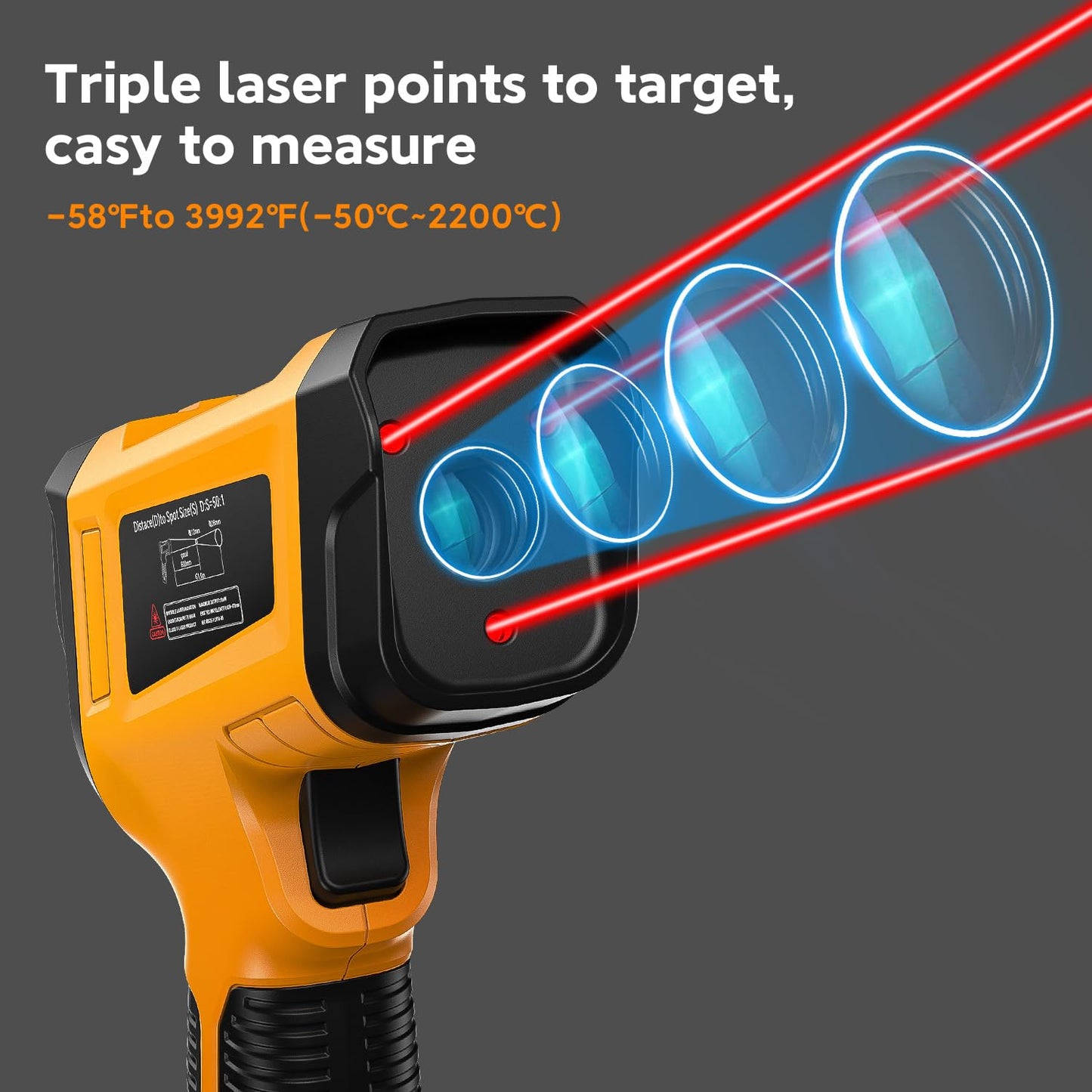 -58°F to 3992°F High-Temp Temperature Gun, Industrial IR Thermometer Gun High Precision Triple Laser Non-Contact Pyrometer Termometer for Furnace, Kiln, Forge, Furnace, Engine, HVAC