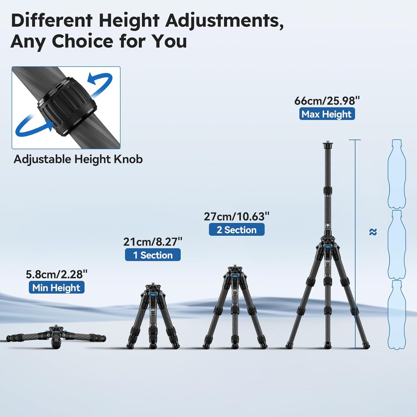 SIRUI Lightweight Carbon Fiber Mini Travel Tripod with Two-Section Center Column, Max Height 26", Supports 22lbs (AM-223+SL-100)