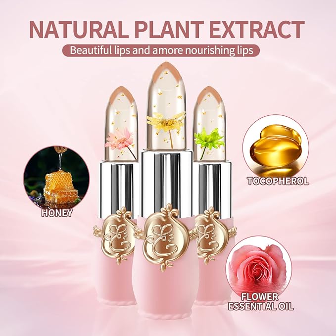 BestLand 3 Pcs/Set Flower Jelly Lipstick Set Temperature Change Moisturizer - Image 6